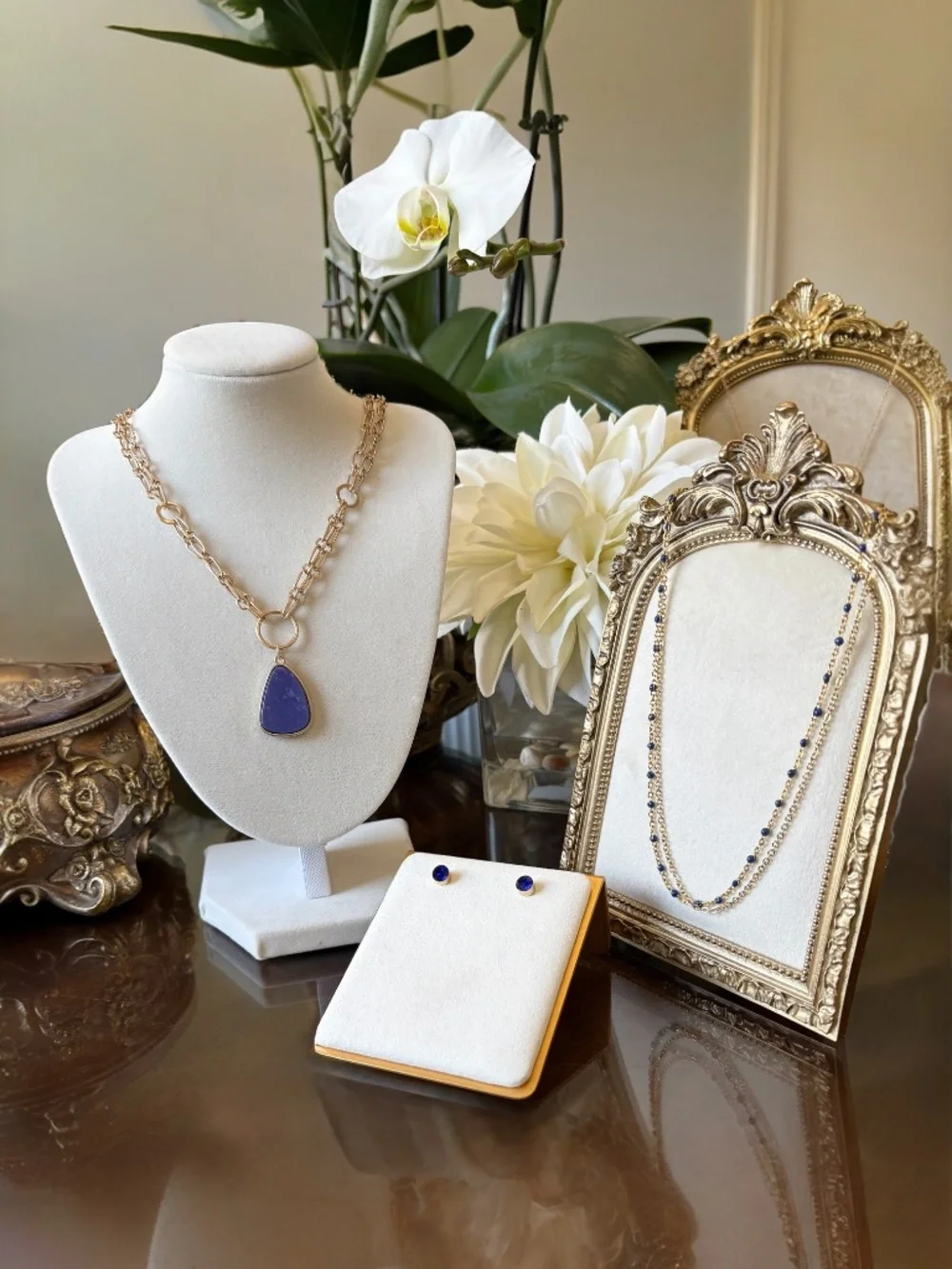 Goldtone Double Chain Necklace with a Blue Glass Pendant by Plunder Design - Picture 5 of 11